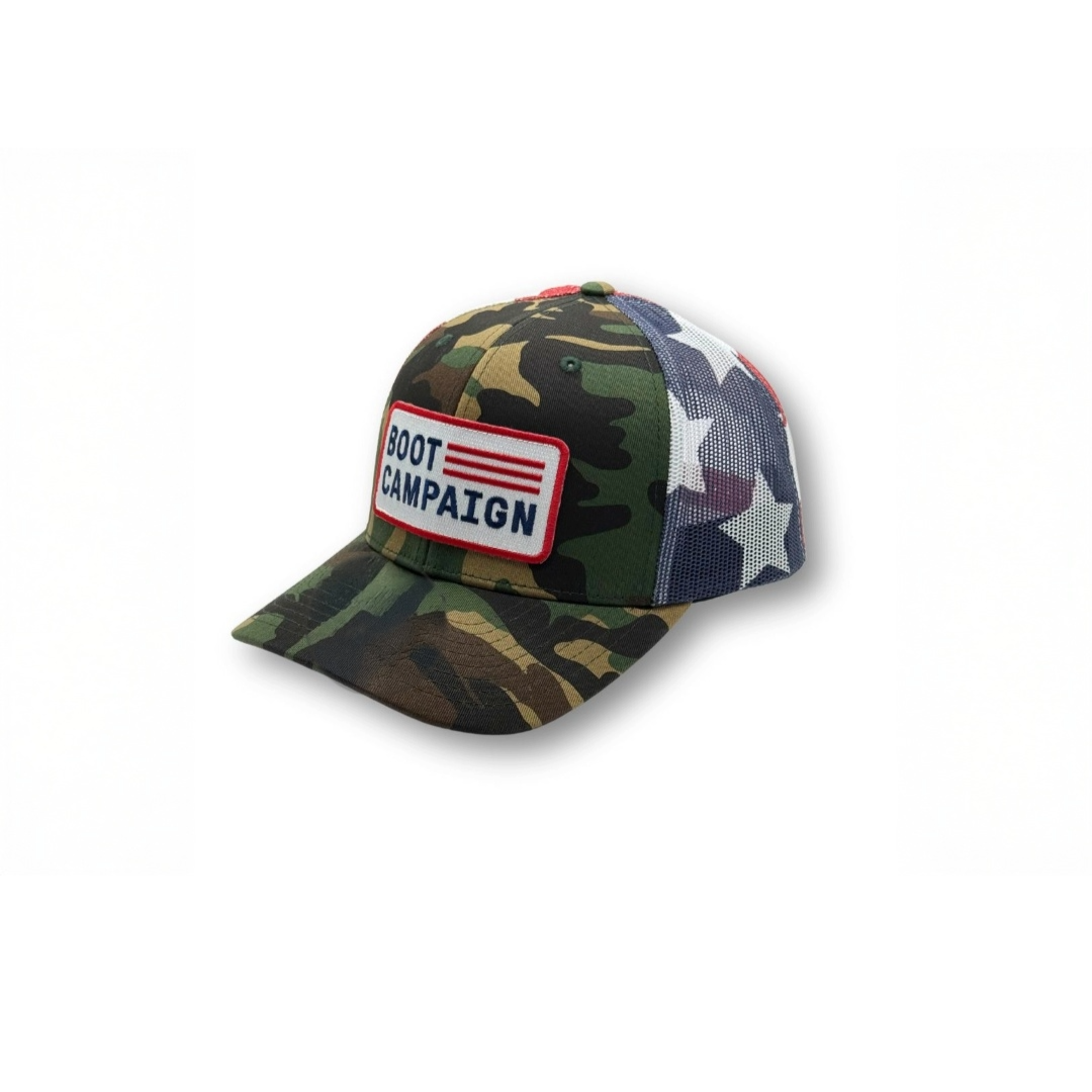 Boot Campaign Patch Camo & American Flag Trucker Hat