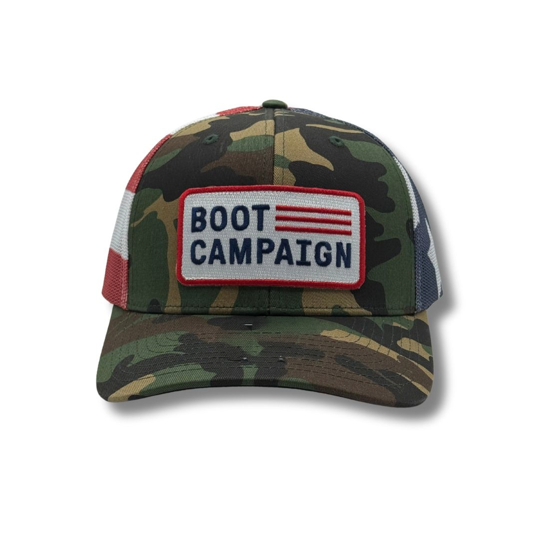 Boot Campaign Patch Camo & American Flag Trucker Hat