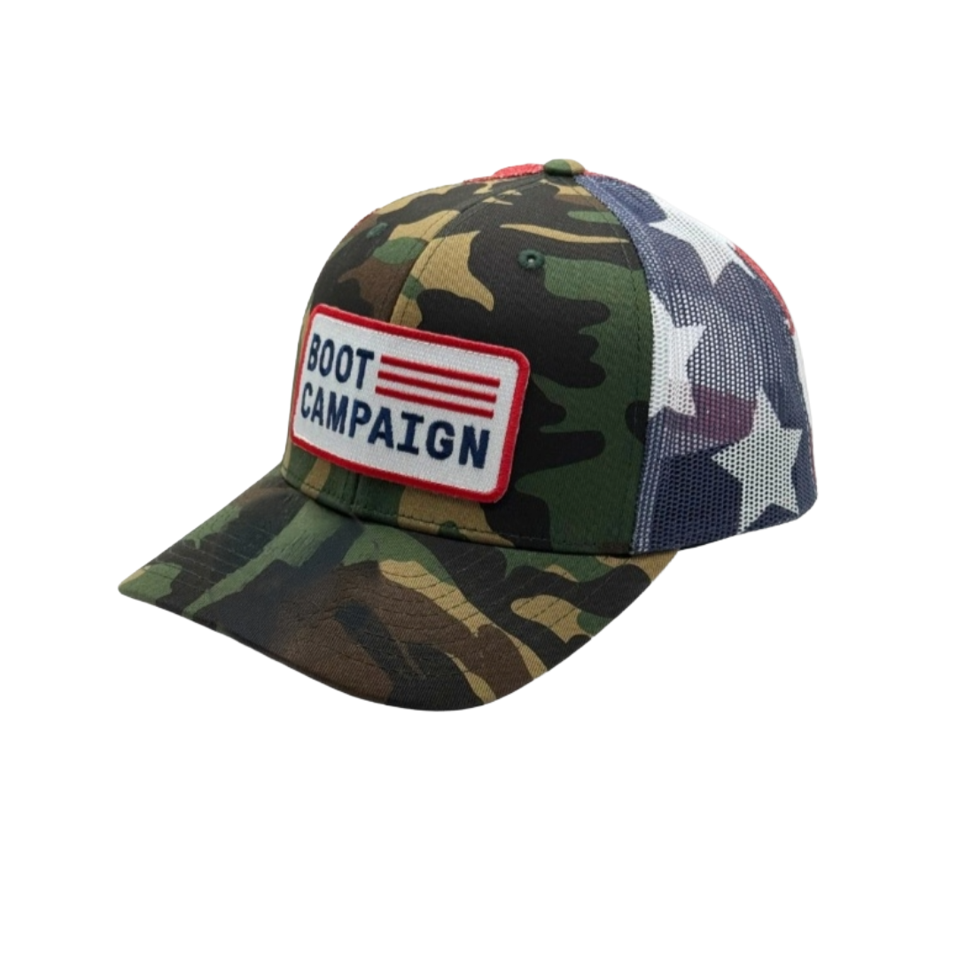 Boot Campaign Patch Camo & American Flag Trucker Hat
